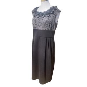 London Times Ruffle-Neck Cap-Sleeve Gray/Black Floral-Top Sheath Dress